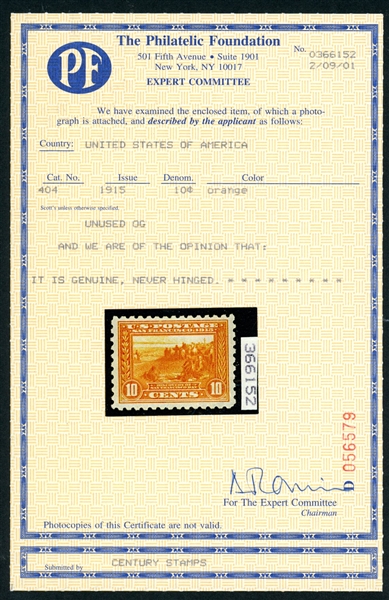 USA Scott 404 MNH F-VF, 1915 10¢ Pan-Pacific with 2001 PF Cert (SCV $1700) 