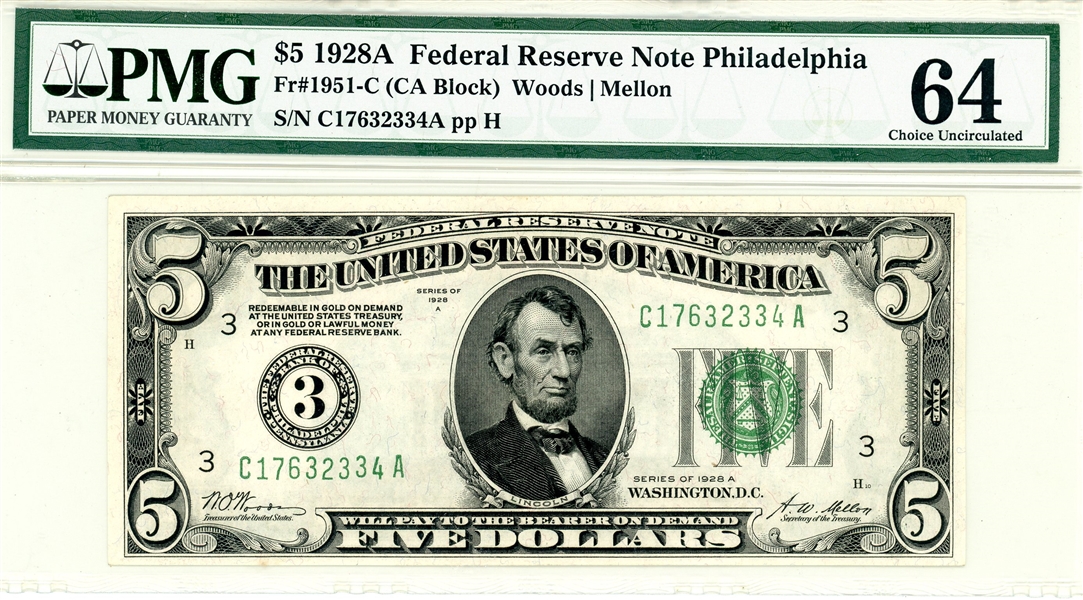 $5 1928A Federal Reserve Note - Philadelphia PMG 64 (Est $150-200)