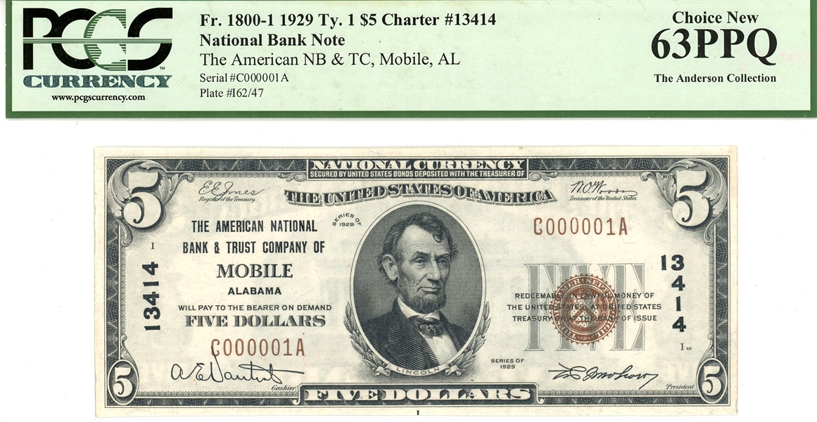 $5 1929 National Bank Note - The American NB & TC, Mobile, AL PCGS 63PPQ (Est $150-200)