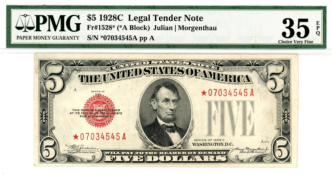 $5 1928C Legal Tender Note PMG 35 Choice VF (Est $100-1500)