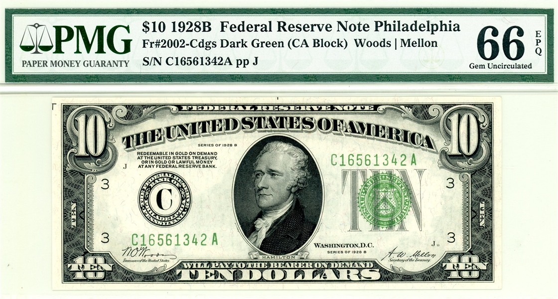$10 1928B Federal Reserve Note Philadelphia PMG 66 Gem Uncirculated (Est $100-150)