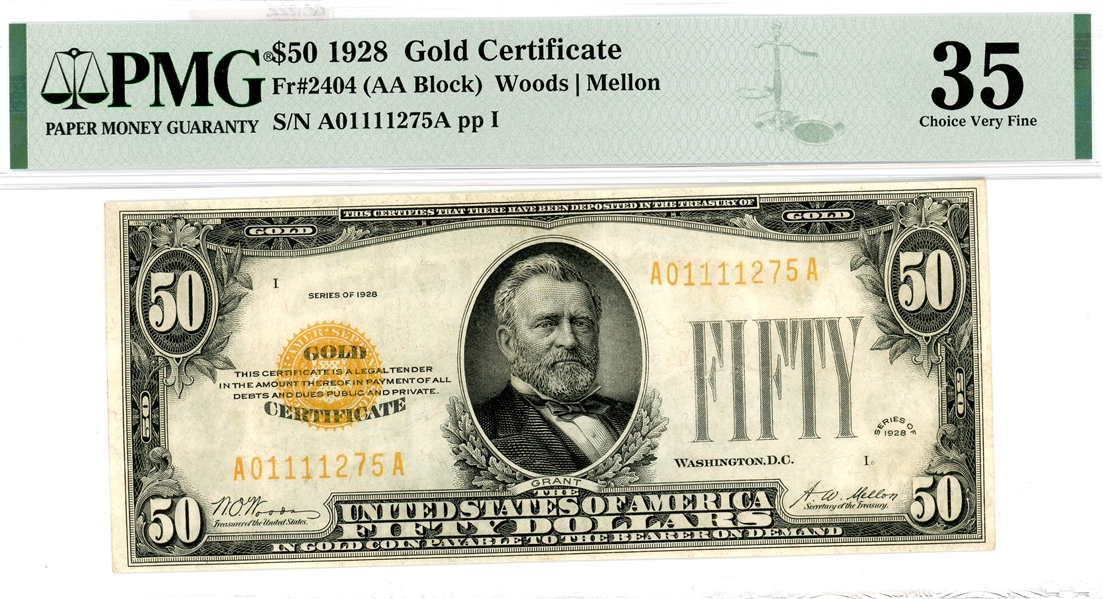 $50 1928 Gold Certificate PMG 35 Choice Very Fine (Est $900-1200)