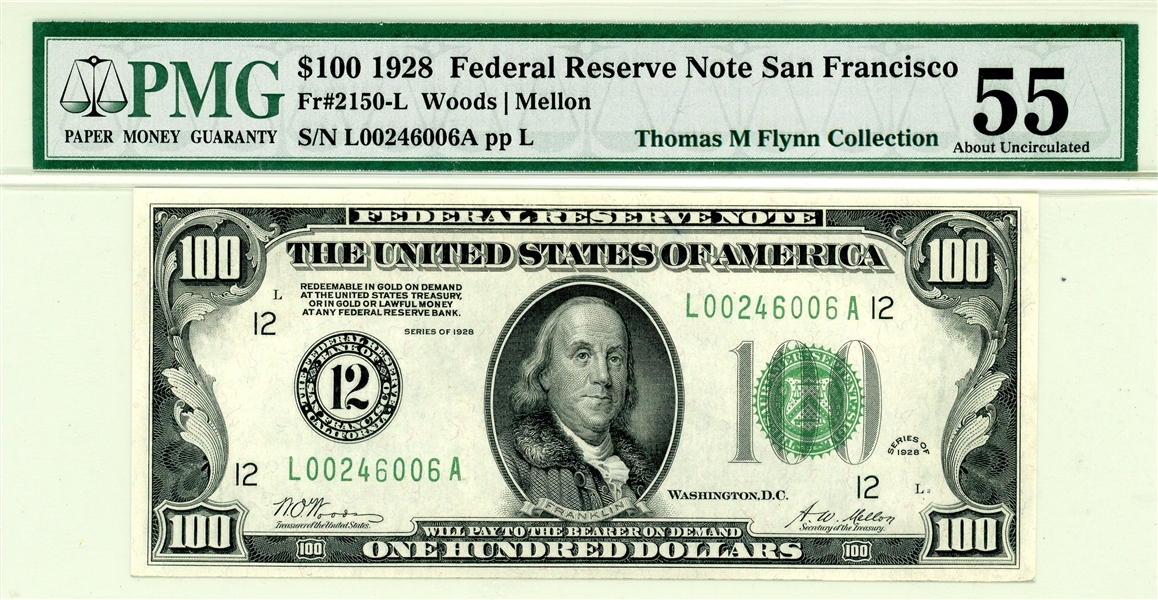 $100 1929 Federal Reserve Note San Francisco PMG 55 AU (Est $750-1000)