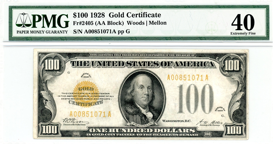 $100 1928 Gold Certificate PMG 40 Extremely Fine (Est $1800-2400)