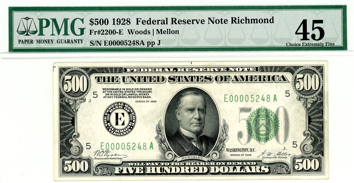 $500 1928 Federal Reserve Note Richmond PMG 45 Choice Extremely Fine (Est $3500-4000)