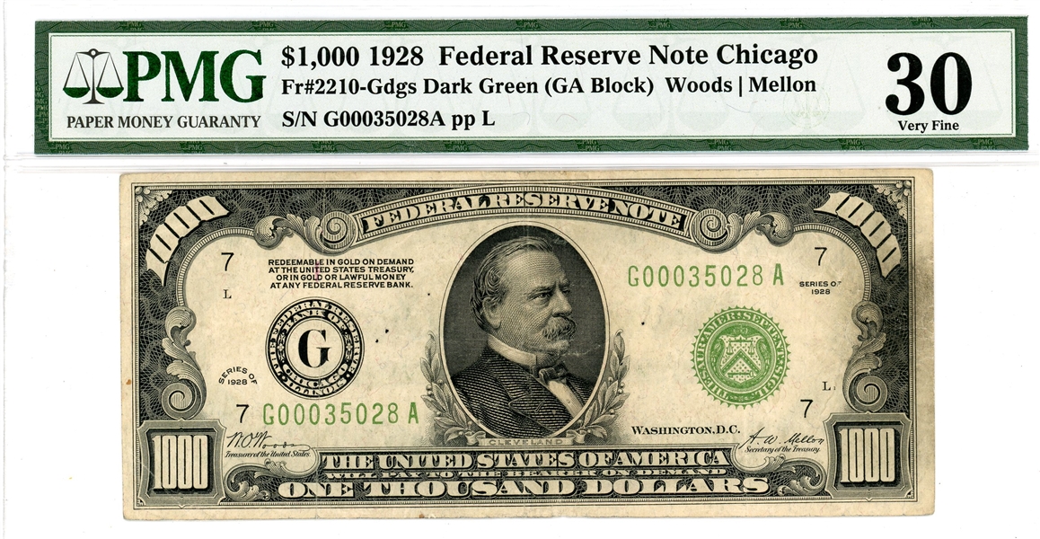 $1000 1928 Federal Reserve Note Chicago PMG 30 Very Fine (Est $2000-3000)