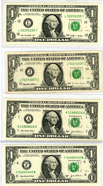 $1 Binary Notes, 4 Different, All $1 Notes with 5 of a Kind (Est $40-50)