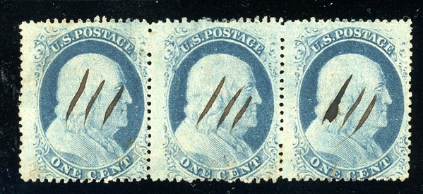USA Scott 24 Used Strip/3, 1857 1¢ Franklin (SCV $140)