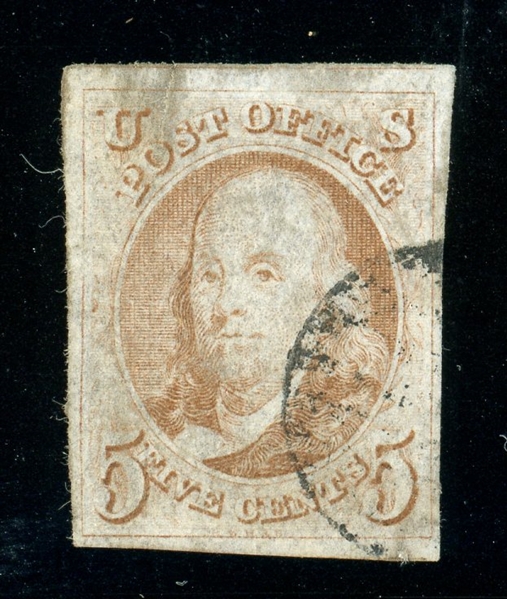 USA Scott 1 Used, 4 Margin, Faults (SCV $425)