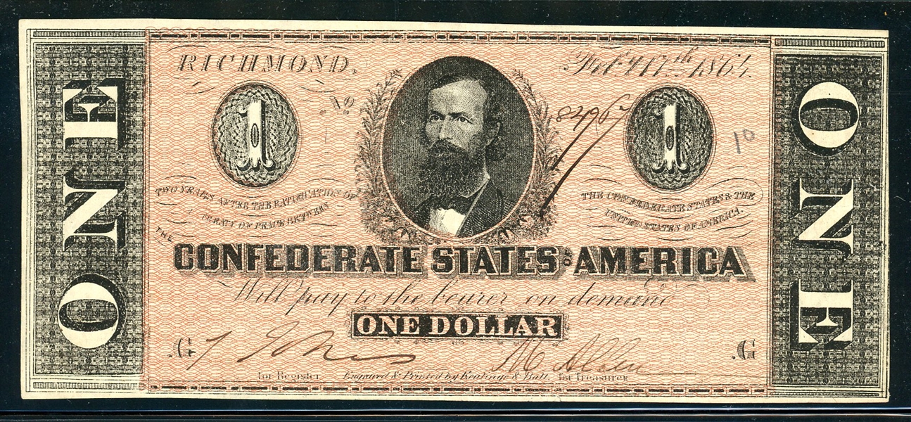 Confederate States $1 Note, Friedberg CS-71, 1864 (Est $75-100)