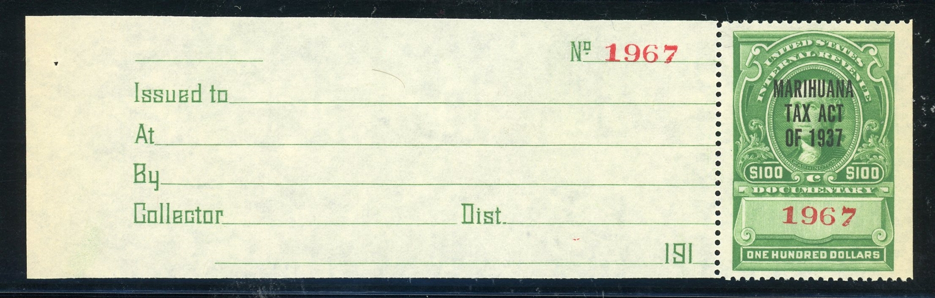 USA Scott RJM4 MNGAI F-VF, $100 Marijuana Stamp with Tab (SCV $750)