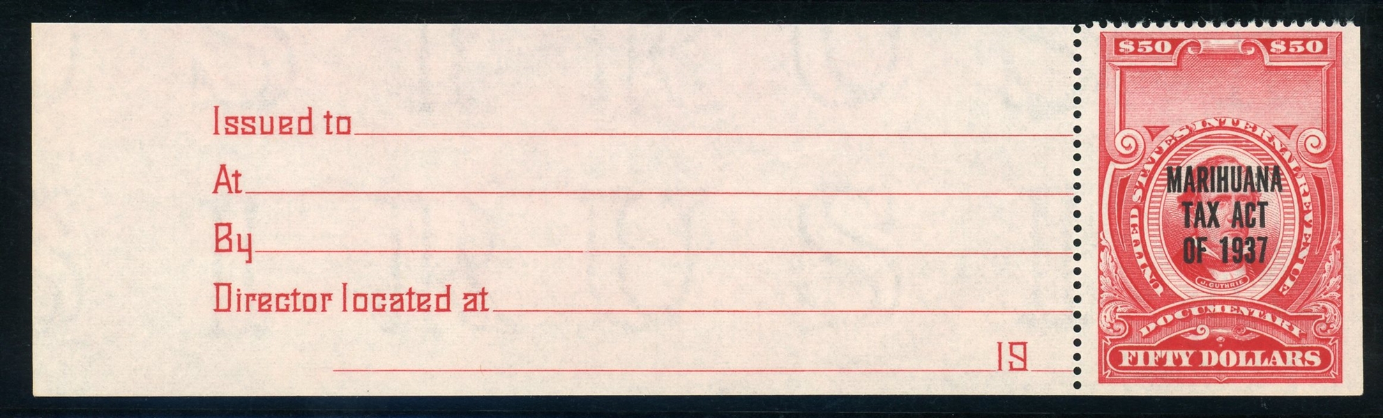 USA Scott RJM8 MNH F-VF, $50 Marijuana Stamp with Tab (SCV $1400)
