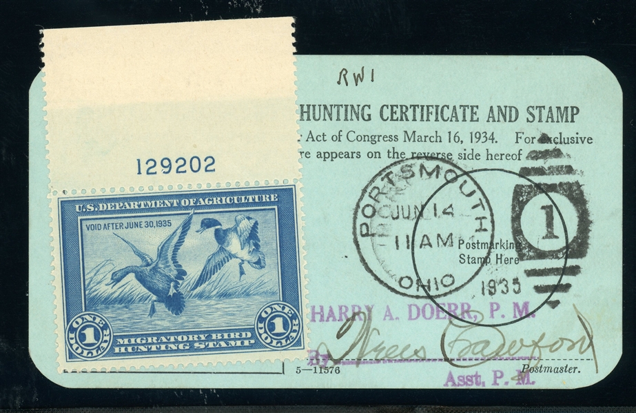 USA Scott RW1 Plate Single on License Form 3333 (Est $300-400)