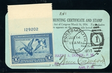 USA Scott RW1 Plate Single on License Form 3333 (Est $300-400)