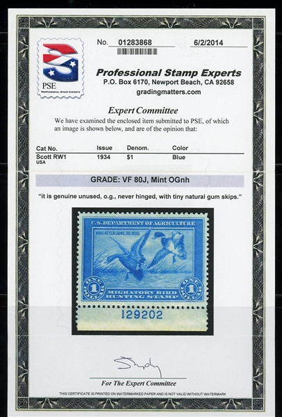USA Scott RW1 MNH Plate Single Graded VF80J, 1934 Federal Hunting Stamp 2014 PSE Cert (SCV $775)