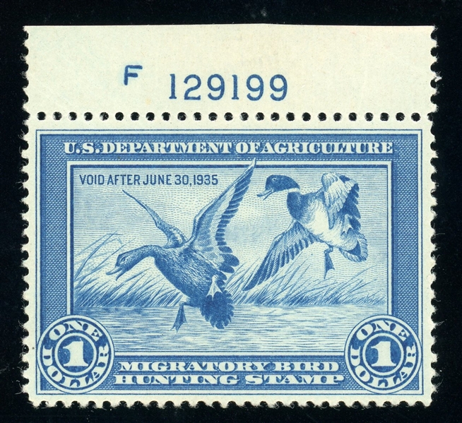 USA Scott RW1 MNH VF Plate Single, 1934 Federal Duck Stamp (SCV $775)
