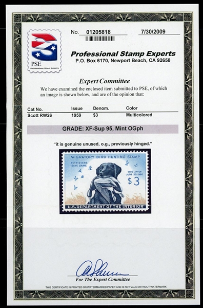 USA Scott RW26 MVLH XF-Sup 95, 1959 Federal Duck Stamp, 2009 PSE Cert (SCV $130)