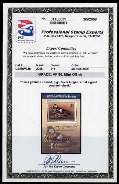 USA Scott RW72b MNH Graded VF80, Rare 2005 Duck Sheetlet with 2008 PSE Cert (SCV $1950) 