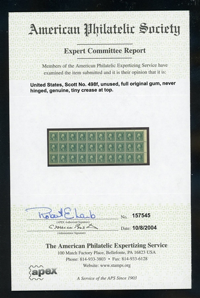 USA Scott 498f MNH F-VF, AEF Pane of 30, 2004 APS Cert (SCV $1700)