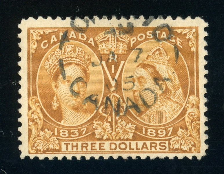 Canada Scott 63 Used F-VF, 1897 $3 Jubilee (SCV $1125)