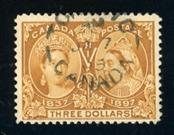 Canada Scott 63 Used F-VF, 1897 $3 Jubilee (SCV $1125)