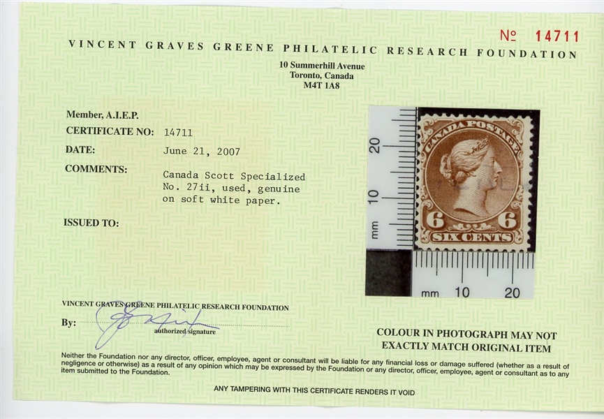 Canada UTC 26ii Used Fine, 1868 6¢ Large Queen with 2007 Greene Cert (UTC $500)
