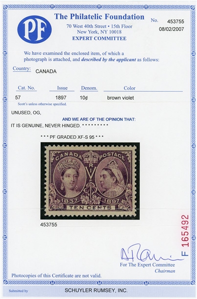 Canada Scott 57 MNH Graded XF-S 95, 10¢ Jubilee, 2007 PF Cert (SMQ $900)