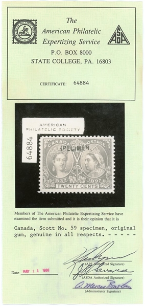 Canada UTC 59SP F-VF, 20¢ Jubilee with SPECIMEN Overprint, 1988 APS Cert (UTC $300)