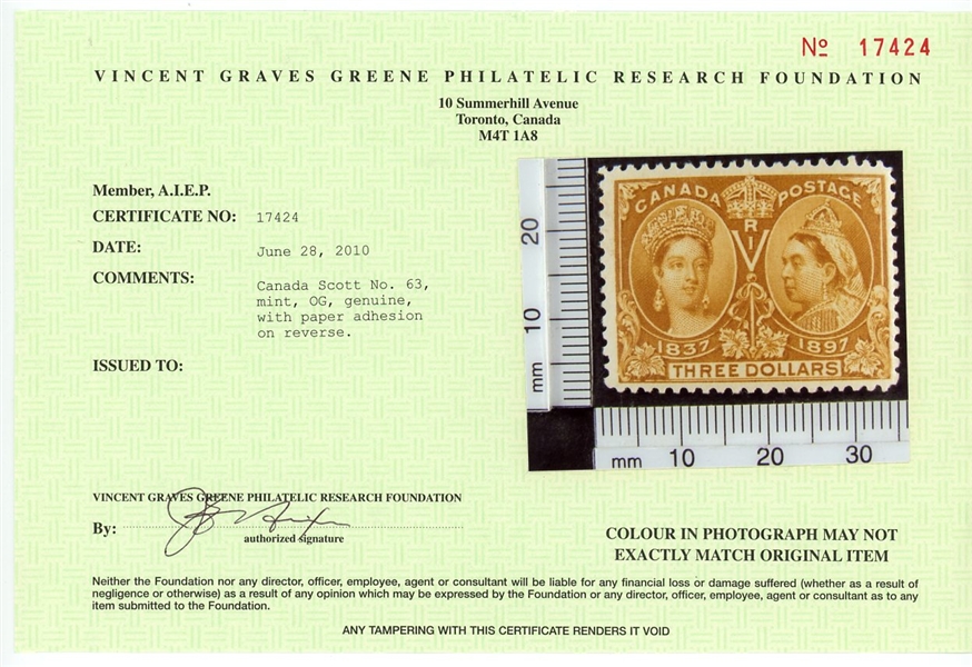 Canada Scott 63 MHR F-VF, 1897 $3 Jubilee, 2010 Greene Cert (SCV $1400)