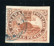 Canada Scott 4 Used VF, 1852 3d Beaver with Saskatoon Certificate (SCV $200)