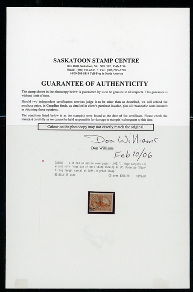 Canada Scott 4 Used VF, 1852 3d Beaver with Saskatoon Certificate (SCV $200)