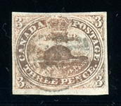 Canada Scott 1 Used F-VF, 1851 3d Beaver with Saskatoon Certificate (SCV $1120)