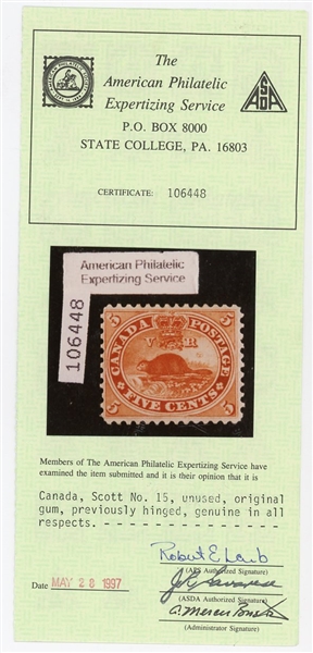 Canada Scott 15 MLH F-VF, 18515¢ Beaver with 1997 APS Certificate (SCV $1400)
