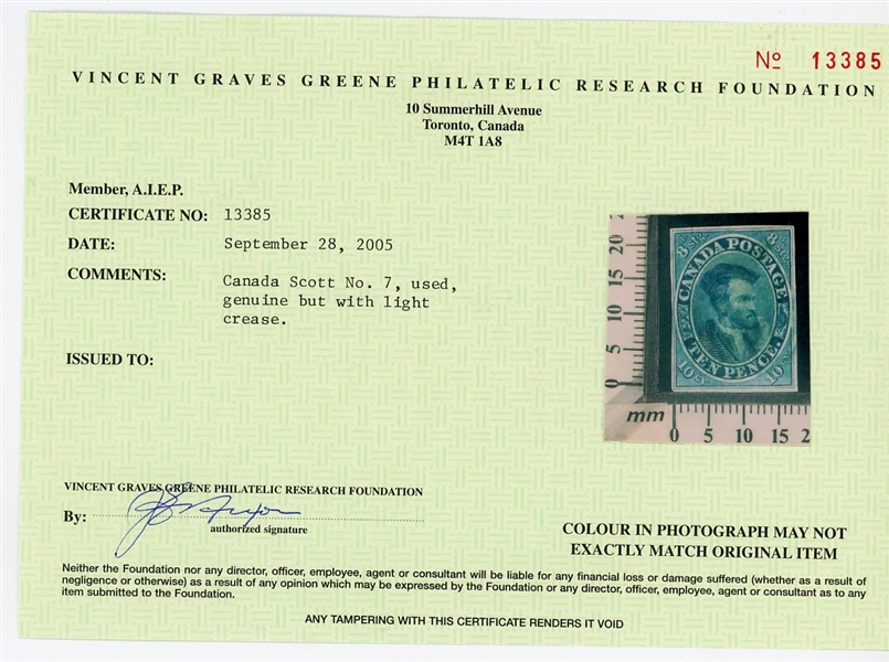 Canada Scott 7 Used F-VF, 1855 10p Cartier with 2005 Greene Cert (SCV $1650)