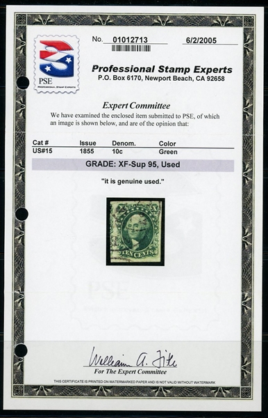 USA Scott 15 Used Graded XF-Sup 95, 1855 10¢ Washington (SMQ $650)