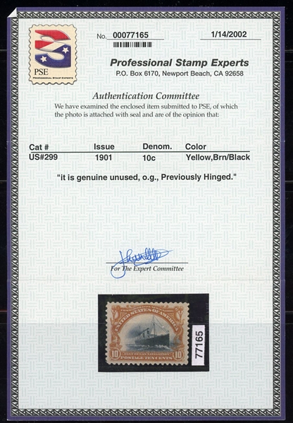 USA Scott 299 MH VF, 1901 10¢ Pan Am, Fast Boat! (Est $150-250)