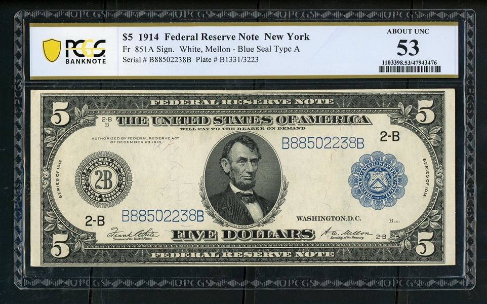 $5 1914 Federal Reserve Note New York, Fr. 851A, PCGS 53 About Unc (Est $150-200)