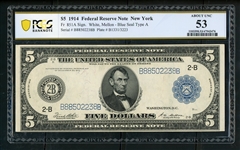 $5 1914 Federal Reserve Note New York, Fr. 851A, PCGS 53 About Unc (Est $150-200)