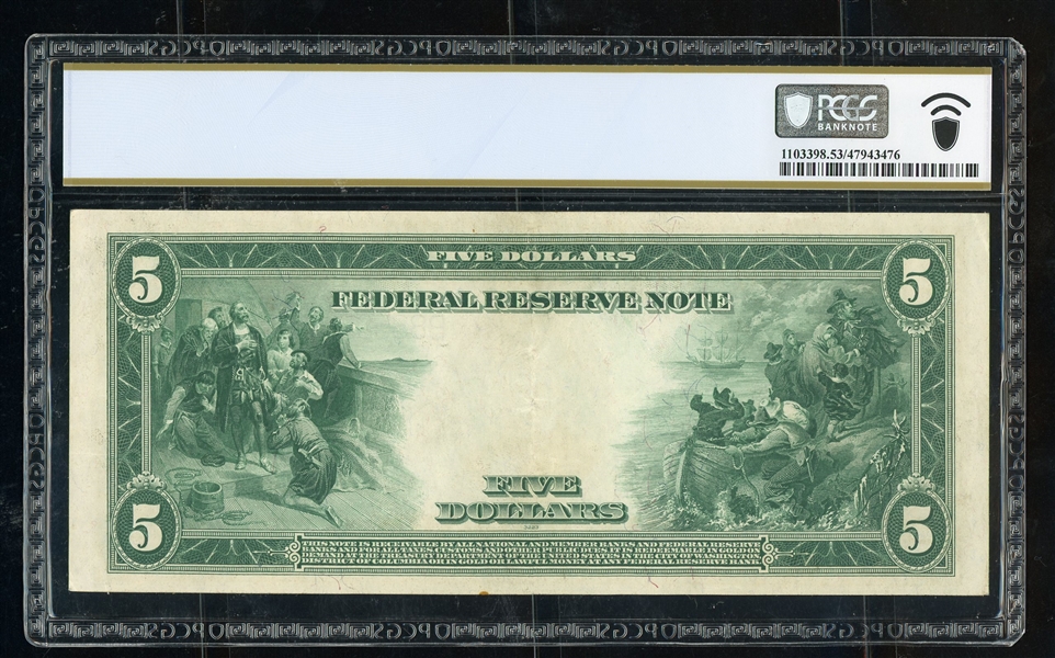 $5 1914 Federal Reserve Note New York, Fr. 851A, PCGS 53 About Unc (Est $150-200)