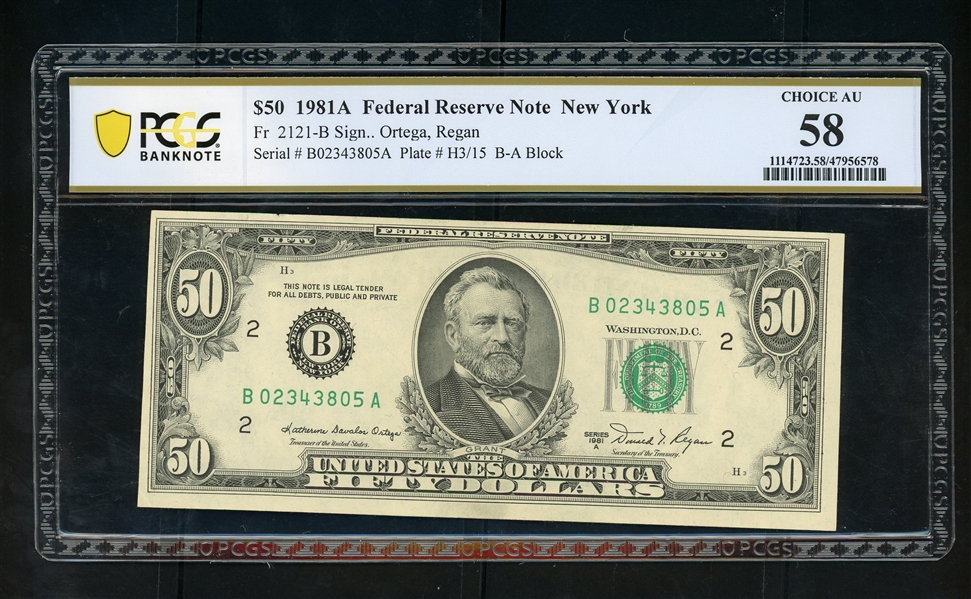 $50 1981A Federal Reserve Note New York, Fr. 2121-B, PCGS 58 Choice AU (Est $150-200)