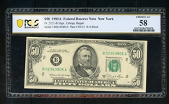$50 1981A Federal Reserve Note New York, Fr. 2121-B, PCGS 58 Choice AU (Est $150-200)