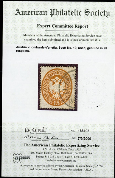 Austria Lombardy-Venetia Scott 19 Used F-VF, 2009 APEX Cert (SCV $285) 