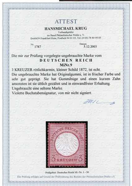 Germany Scott 9 MH F-VF, 1872 3kr Small Shield, 2003 Krug Cert (SCV $1700)