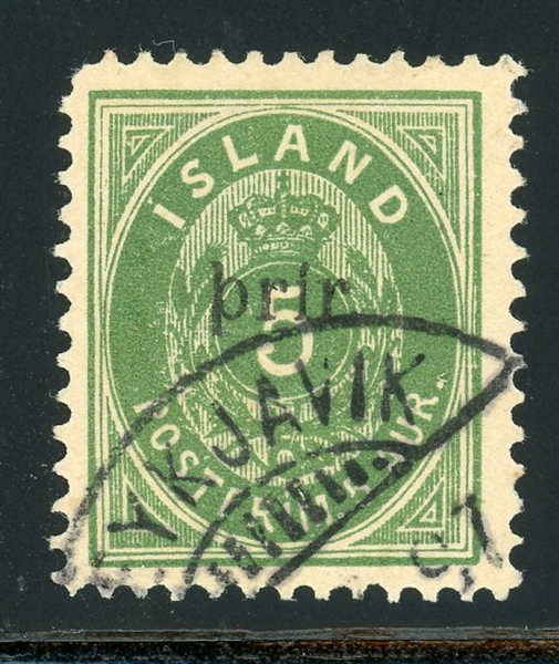 Iceland Scott 33 Used F-VF, 1897 Surcharge with 2008 APEX Cert (SCV $750)