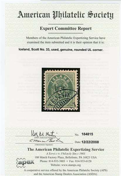 Iceland Scott 33 Used F-VF, 1897 Surcharge with 2008 APEX Cert (SCV $750)
