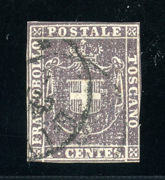 Tuscany Scott 17 Used Fine, 1860 1¢ Coat of Arms with 2006 APS Cert (SCV $960)