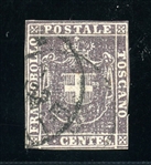 Tuscany Scott 17 Used Fine, 1860 1¢ Coat of Arms with 2006 APS Cert (SCV $960)