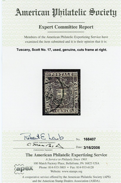 Tuscany Scott 17 Used Fine, 1860 1¢ Coat of Arms with 2006 APS Cert (SCV $960)