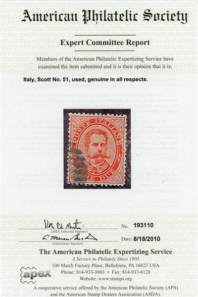 Italy Scott 51 Used VF for Issue, 1879 2Lire King Humbert I with 2010 APS Cert (SCV $350)