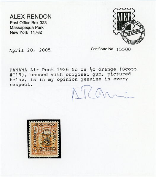 Panama Scott C19 MH F-VF, 1936 Surcharge, 2005 Rendon Certificate (SCV $400)